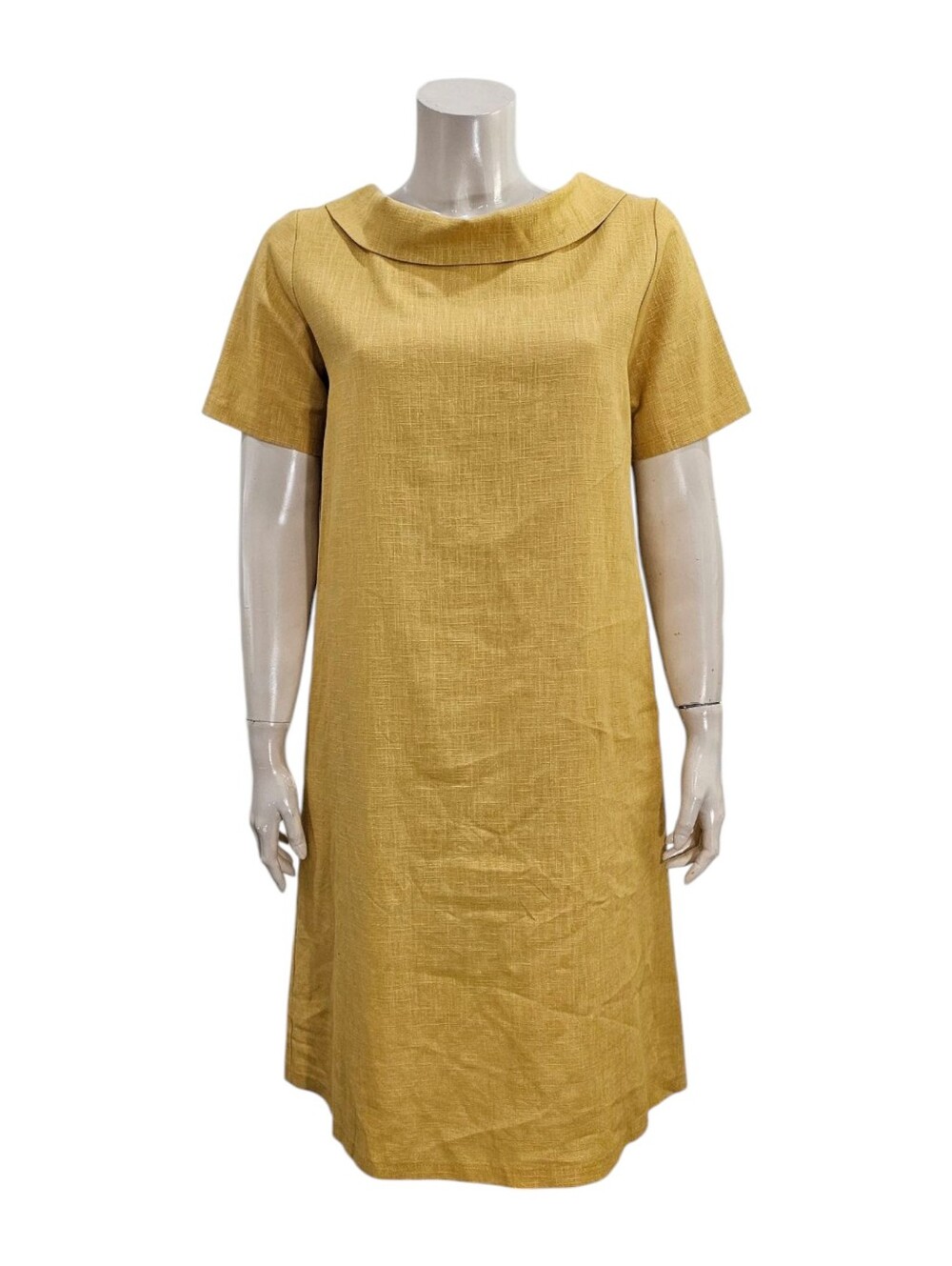 LE MUSE Story Linen Blend Mustard Yellow Cowl Neck Shift Dress S